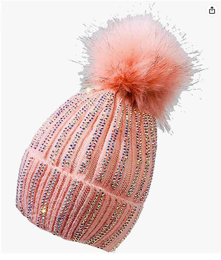 Womens Winter Sequin Beanie Hat Warm Knit Hat Thick Plush Lined Winter Cap hat Warmer for Girl Pink 1013